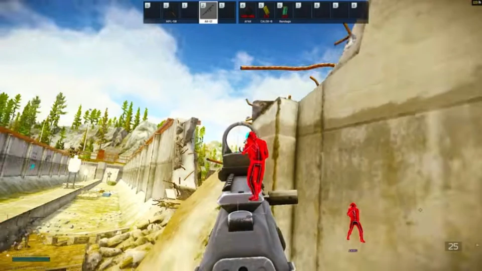 Escape from Tarkov skeleton ESP and red chams visible through a concrete wall